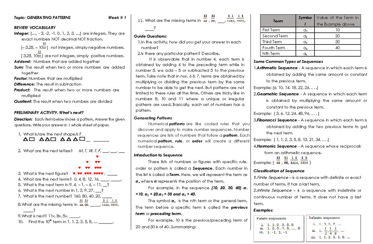 AS Math10 Q1 Week1 Generating Patterns-new - Topic: GENERATING PATTERNS ...