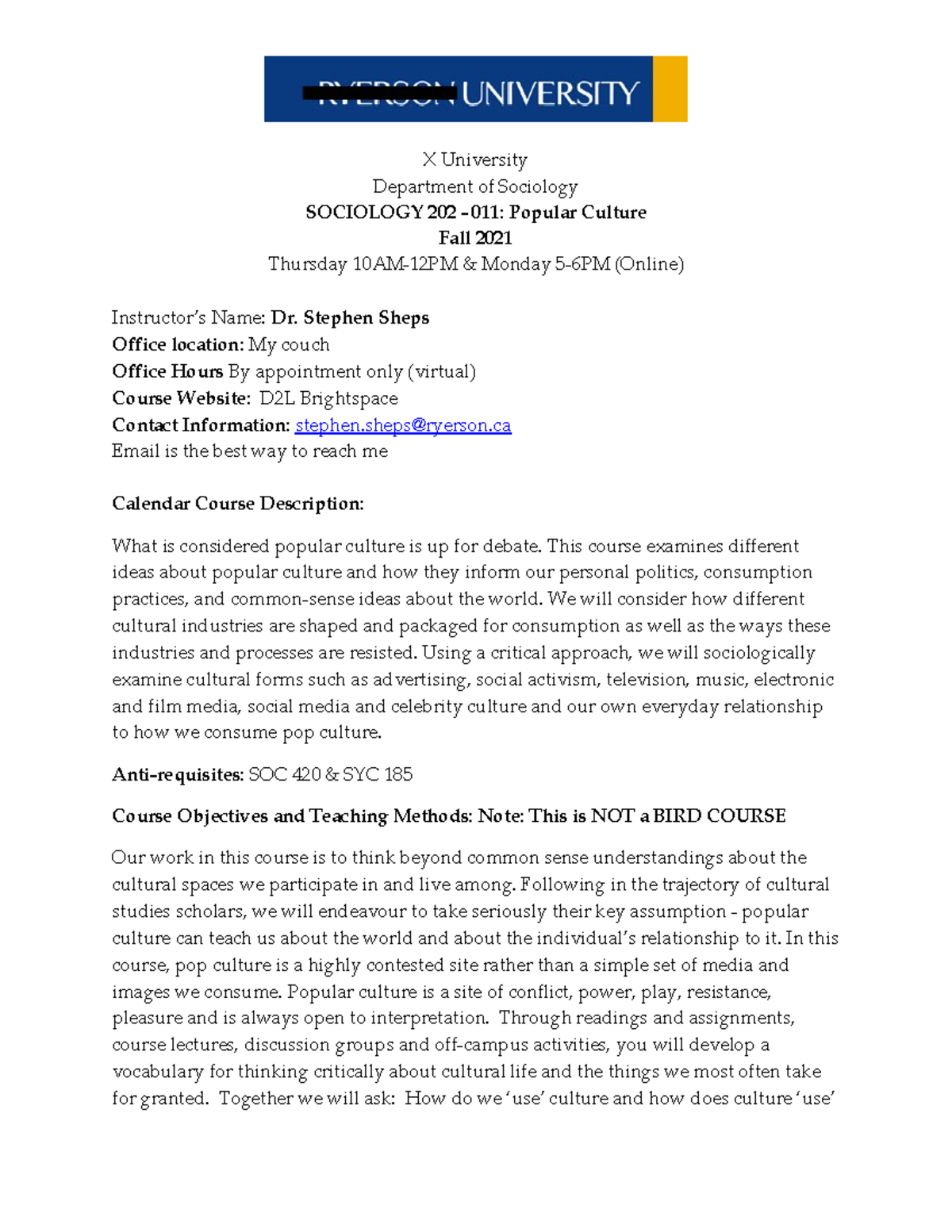 SOC 202- F21 Sheps - course outline - X University Department of ...
