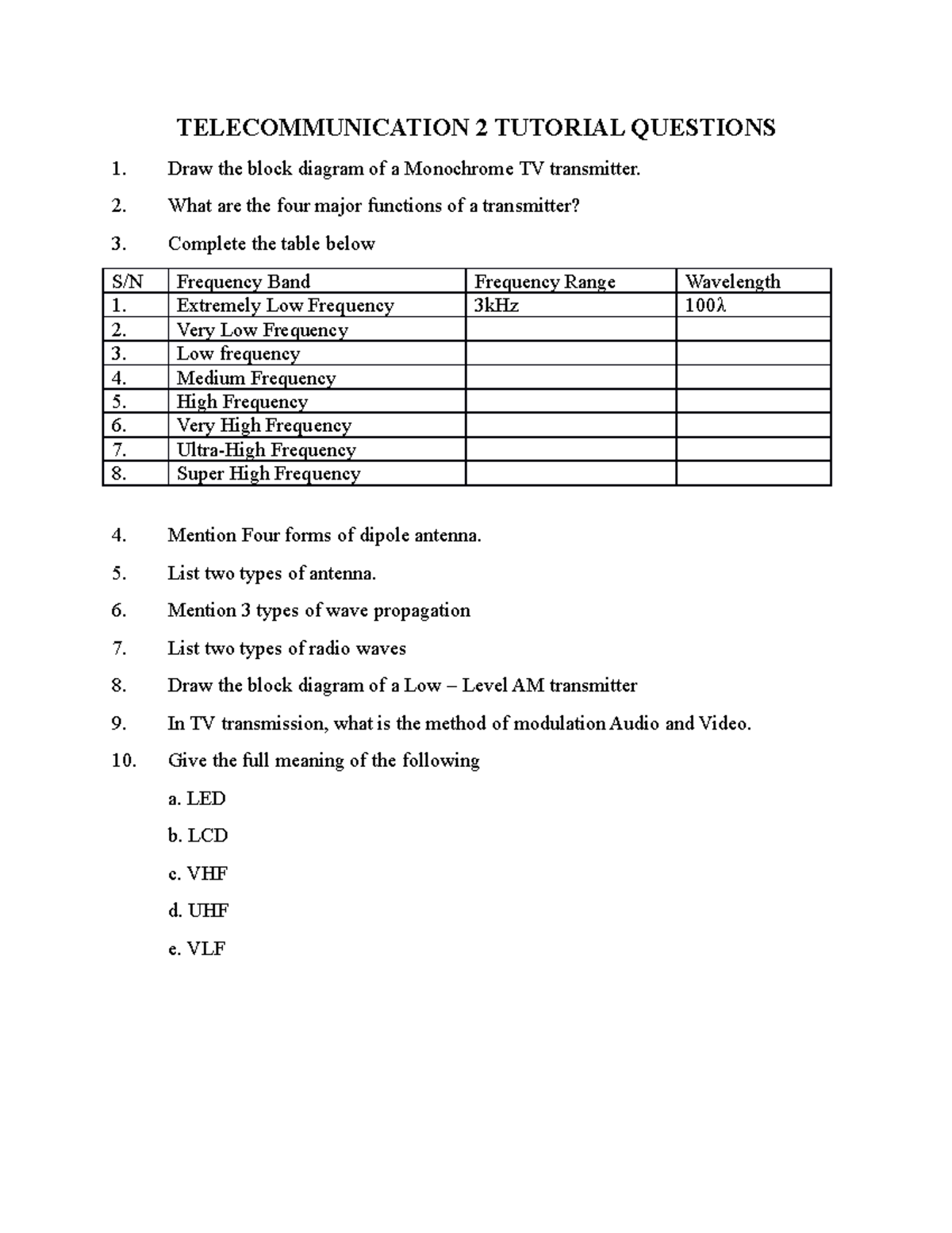 Telecommunication 2 tutorial Questions - TELECOMMUNICATION 2 TUTORIAL ...
