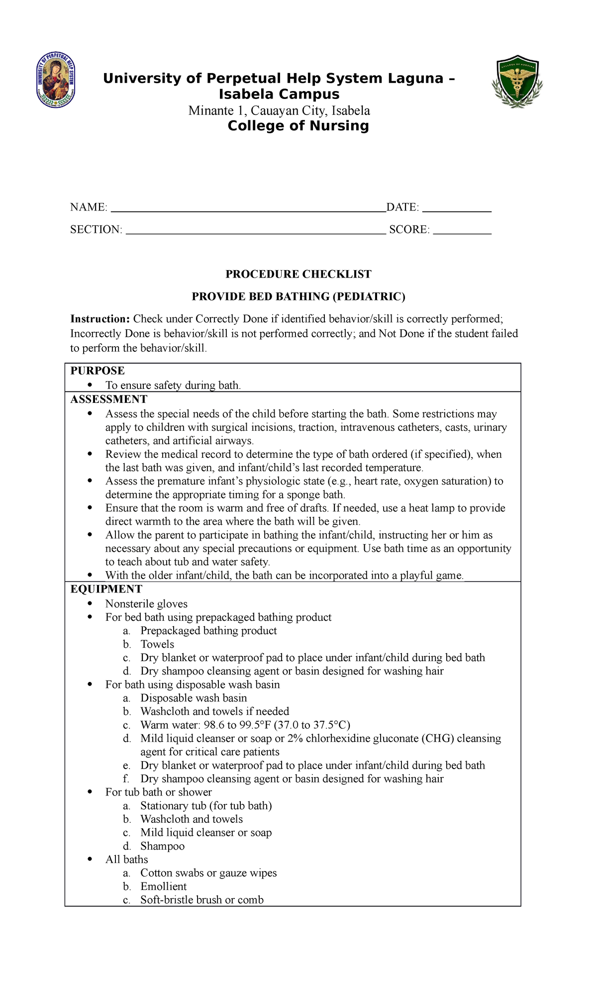 Provide BED Bathing ( Pediatric) University of Perpetual Help System