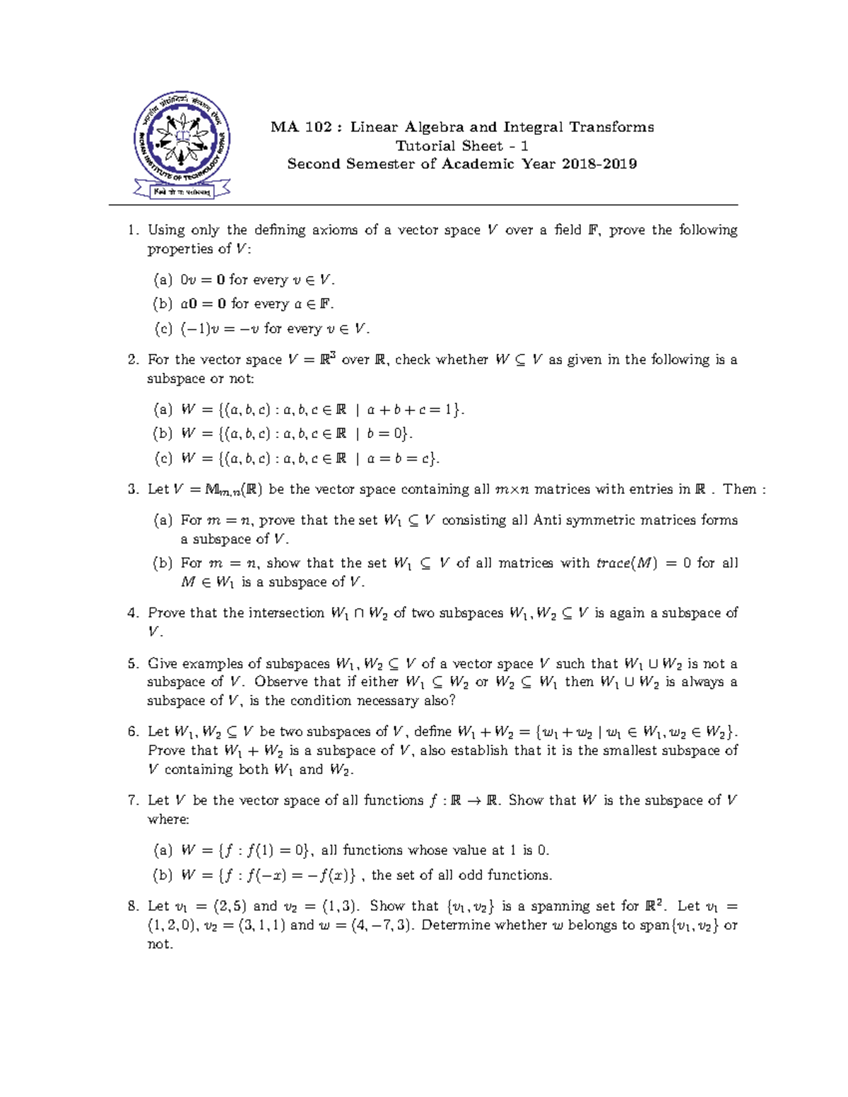 MA102 2018 19 Tutorialsheet 1 - MA 102 : Linear Algebra and Integral ...