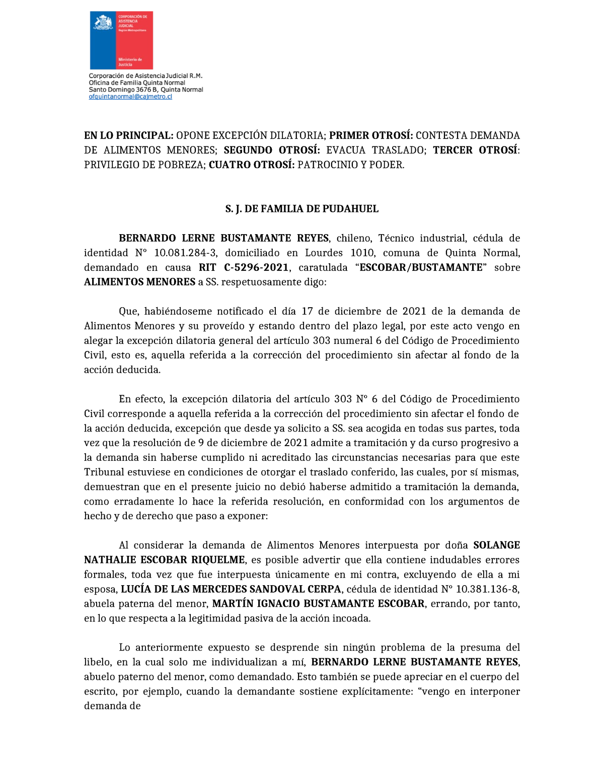 Contesta Alimentos En Lo Principal Opone ExcepciÓn Dilatoria Primer OtrosÍ Contesta Demanda 2174