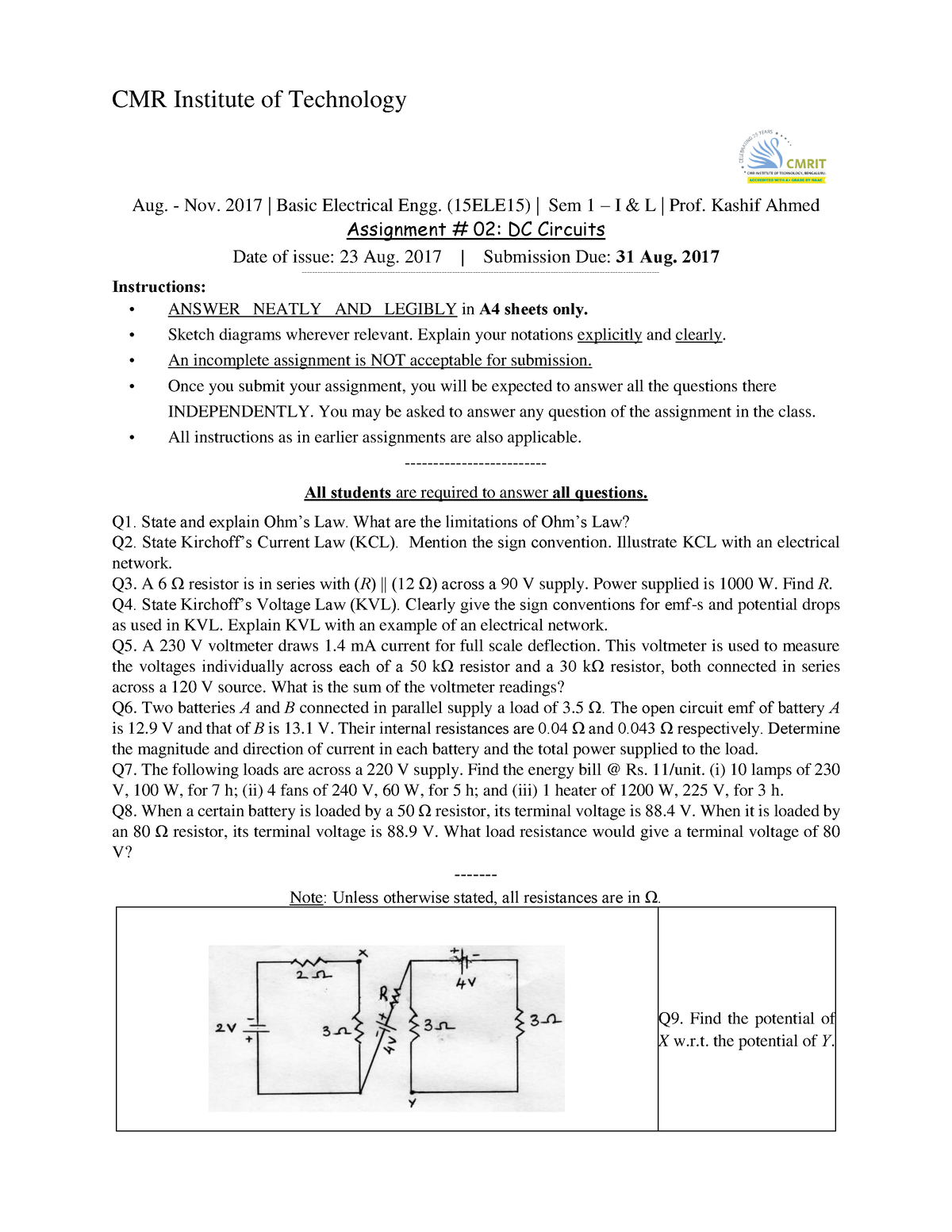 A02Q - DC Circuits - Assignment Problem - CMR Institute Of Technology ...