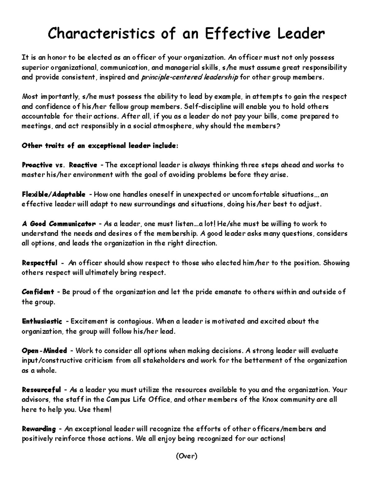 leadership material - Characteristics of an Effective Leader It is an ...
