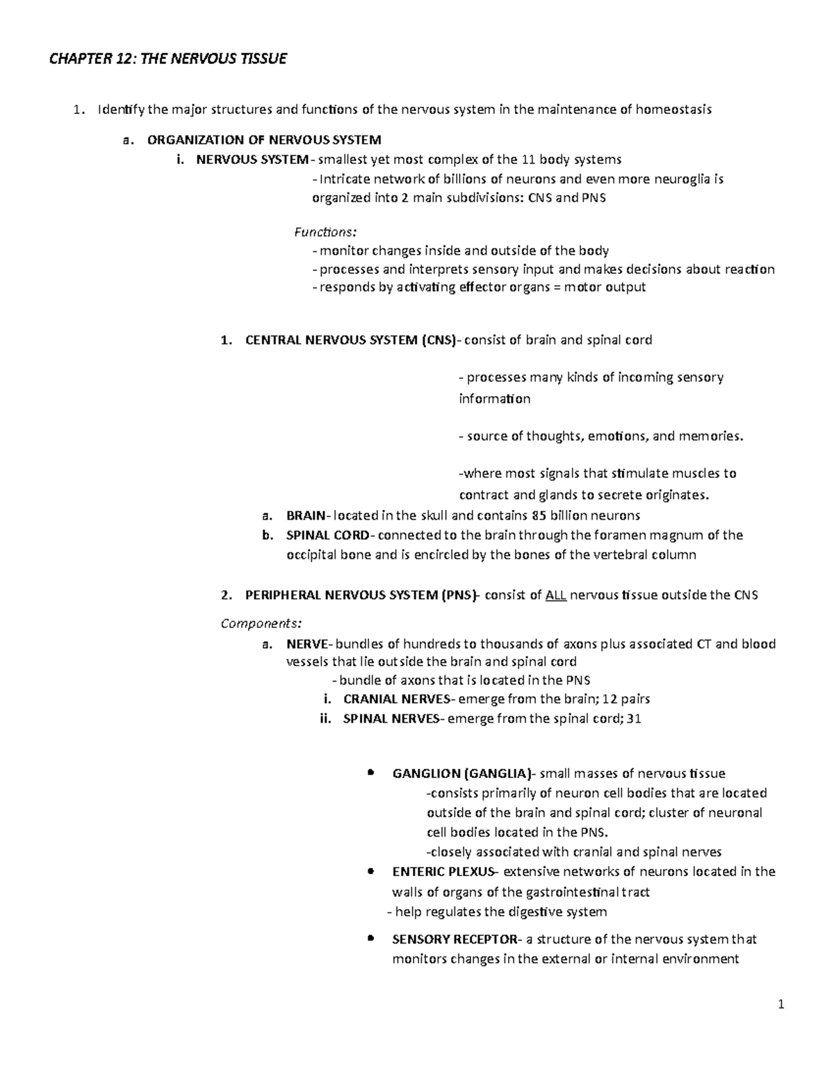Chapter 12 typed notes - Identify the major structures and functions of ...