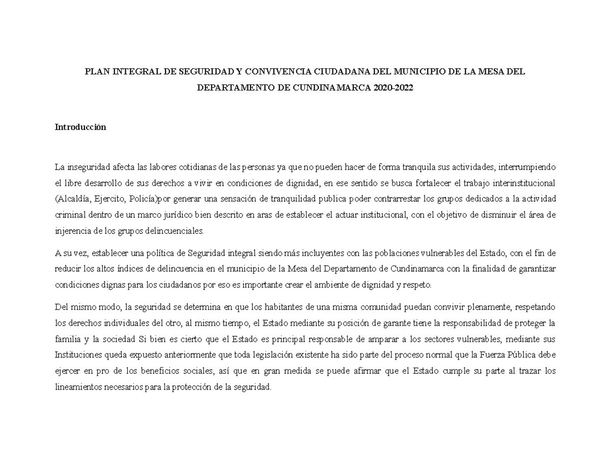 PLAN Integral DE Seguridad Y Convivencia Ciudadana DEL Municipio DE LA ...