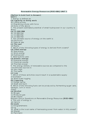 Renewable Energy Resources MCQs