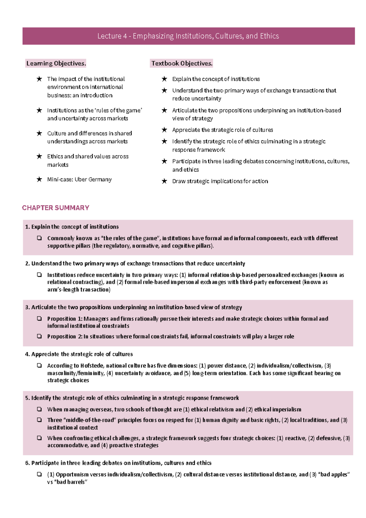 BUSI3020 W4 Notes - Lecture 4 - Emphasizing Institutions, Cultures, and ...