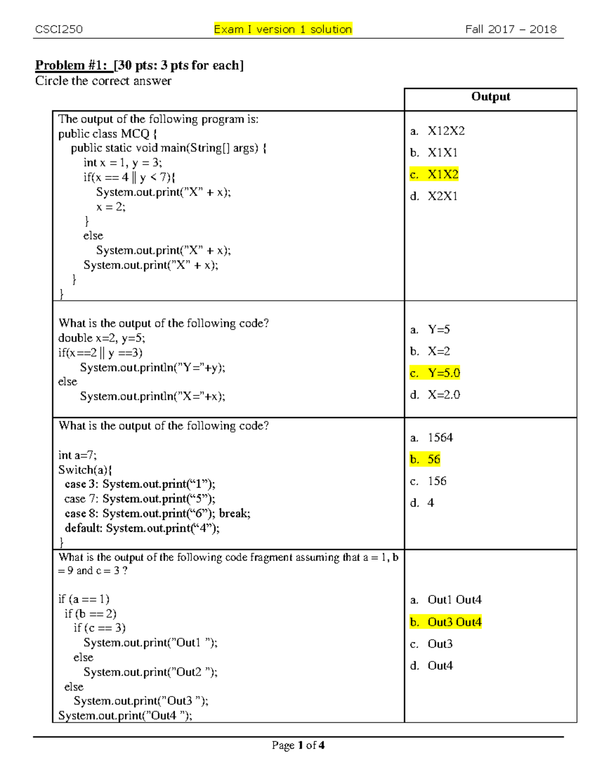 Sample/practice exam, answers - Problem #1: [ 30 pts: 3 pts for each ...
