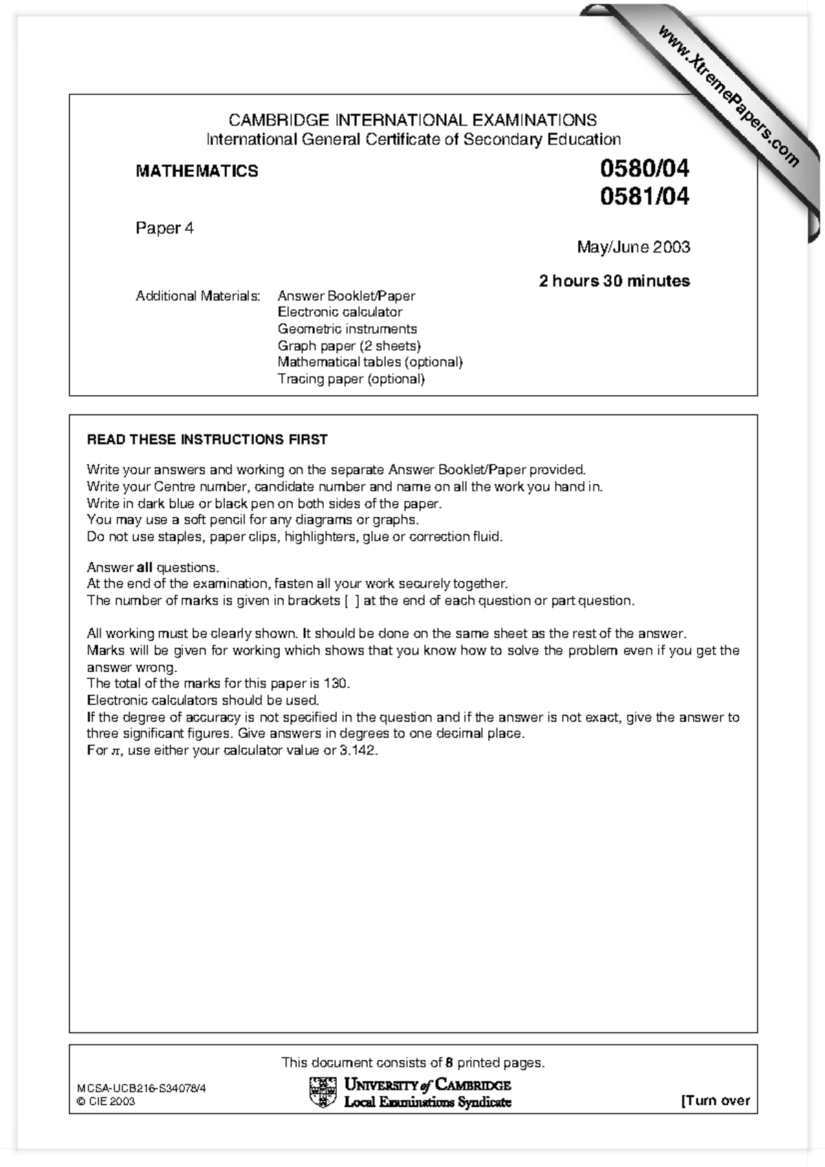 0580 s03 qp 4 - guide and answers to IG math exam - This document ...