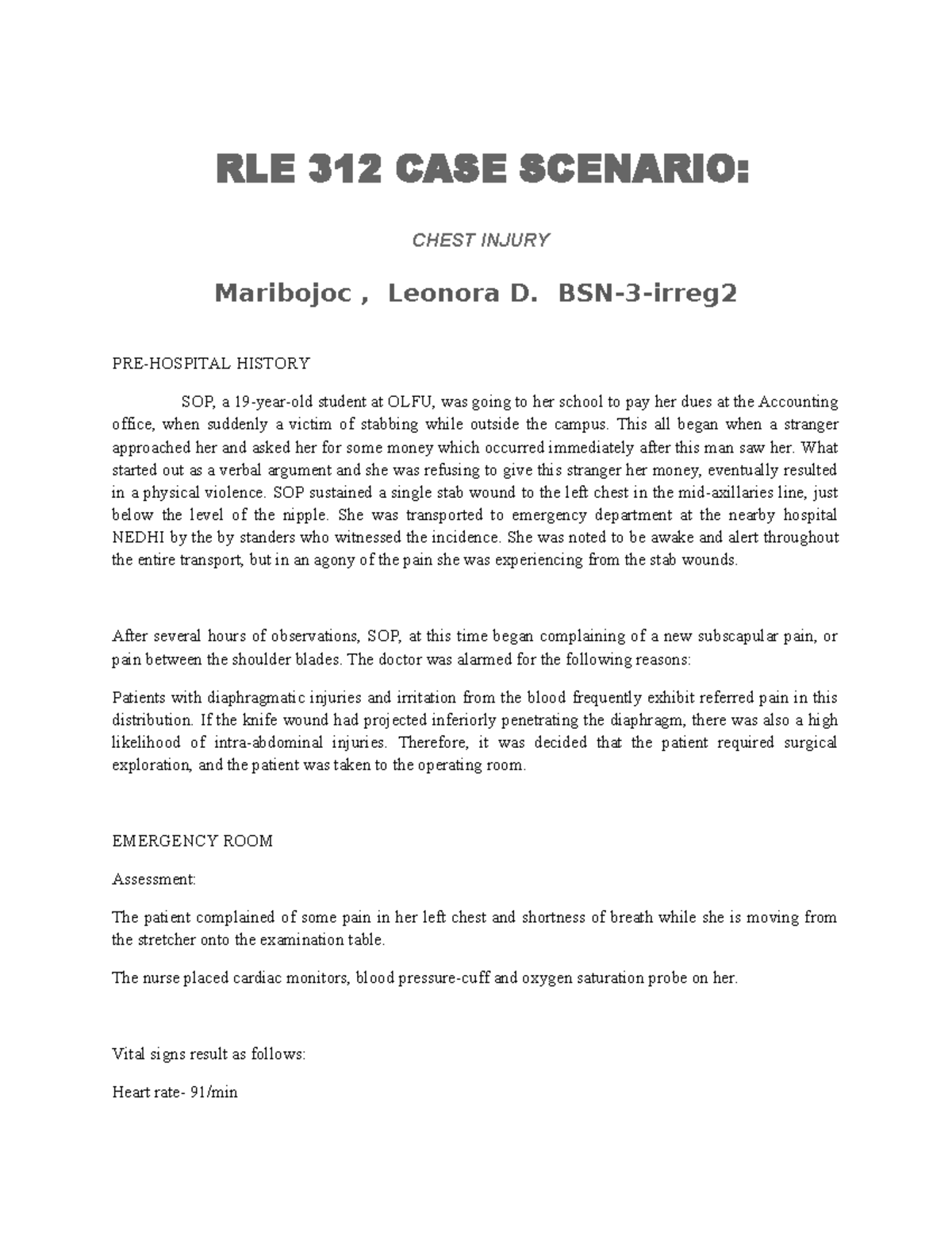 Maribojoc- Chest- Injury - RLE 312 CASE SCENARIO: CHEST INJURY ...