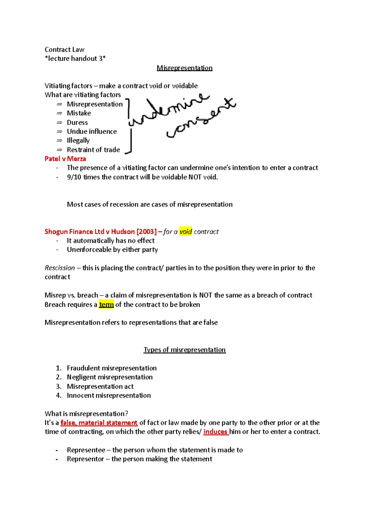 Contract Law - Misrepresentation - Contract Law Lecture Handout 3 ...