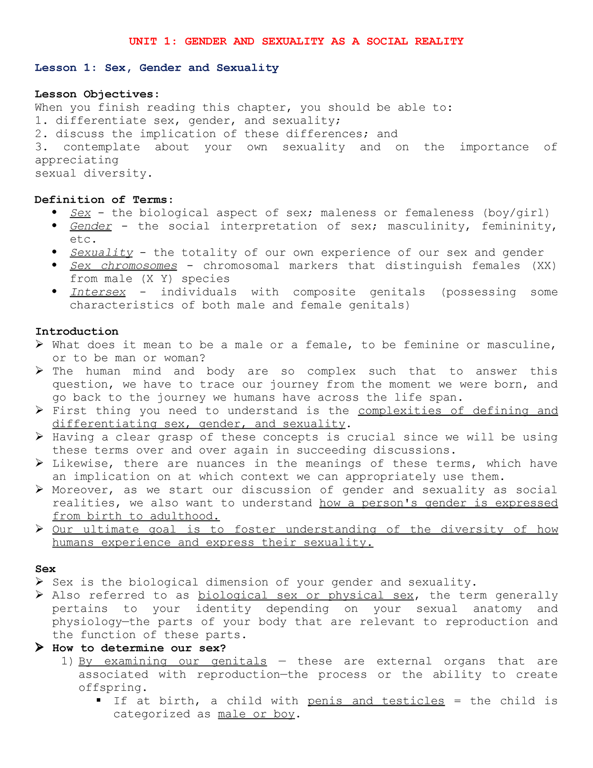 GS Lesson 1 Sex, Gender And Sexuality - UNIT 1: GENDER AND SEXUALITY AS ...