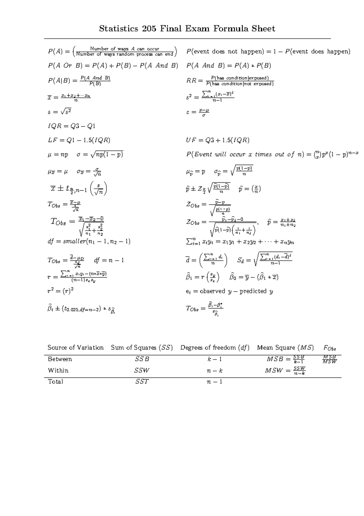 Stat205Final Exam Formulae - Statistics 205 Final Exam Formula Sheet P ...