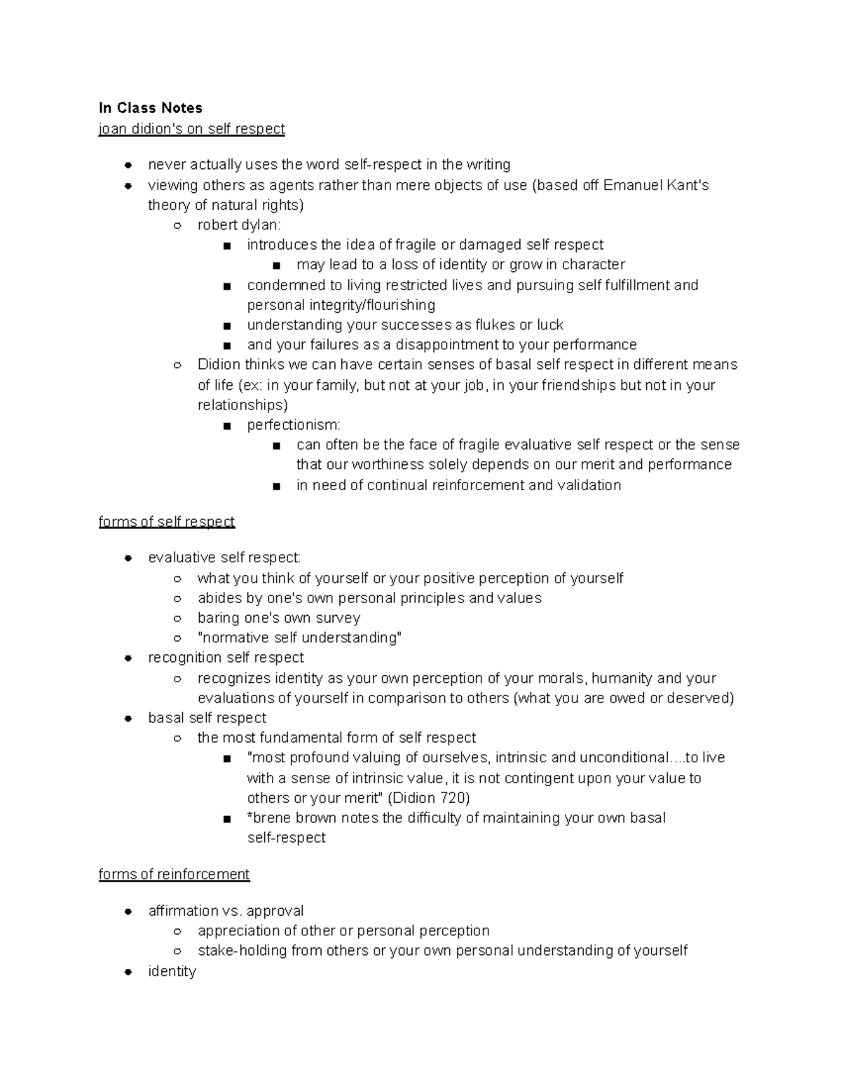 Ethics Lecture 04/04 - In Class Notes joan didion's on self respect ...