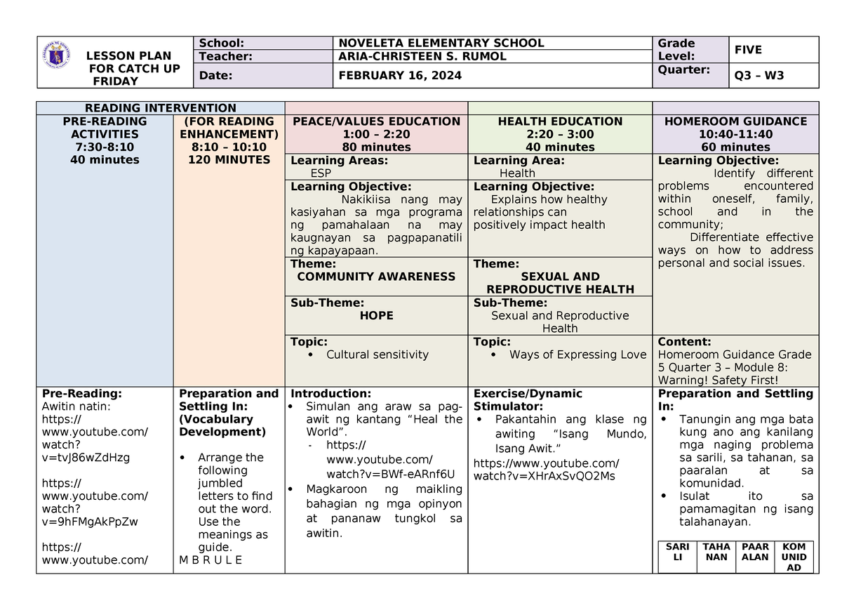 Q3 Grade 5 Catch UP Fridays WEEK 3 LESSON PLAN FOR CATCH UP FRIDAY