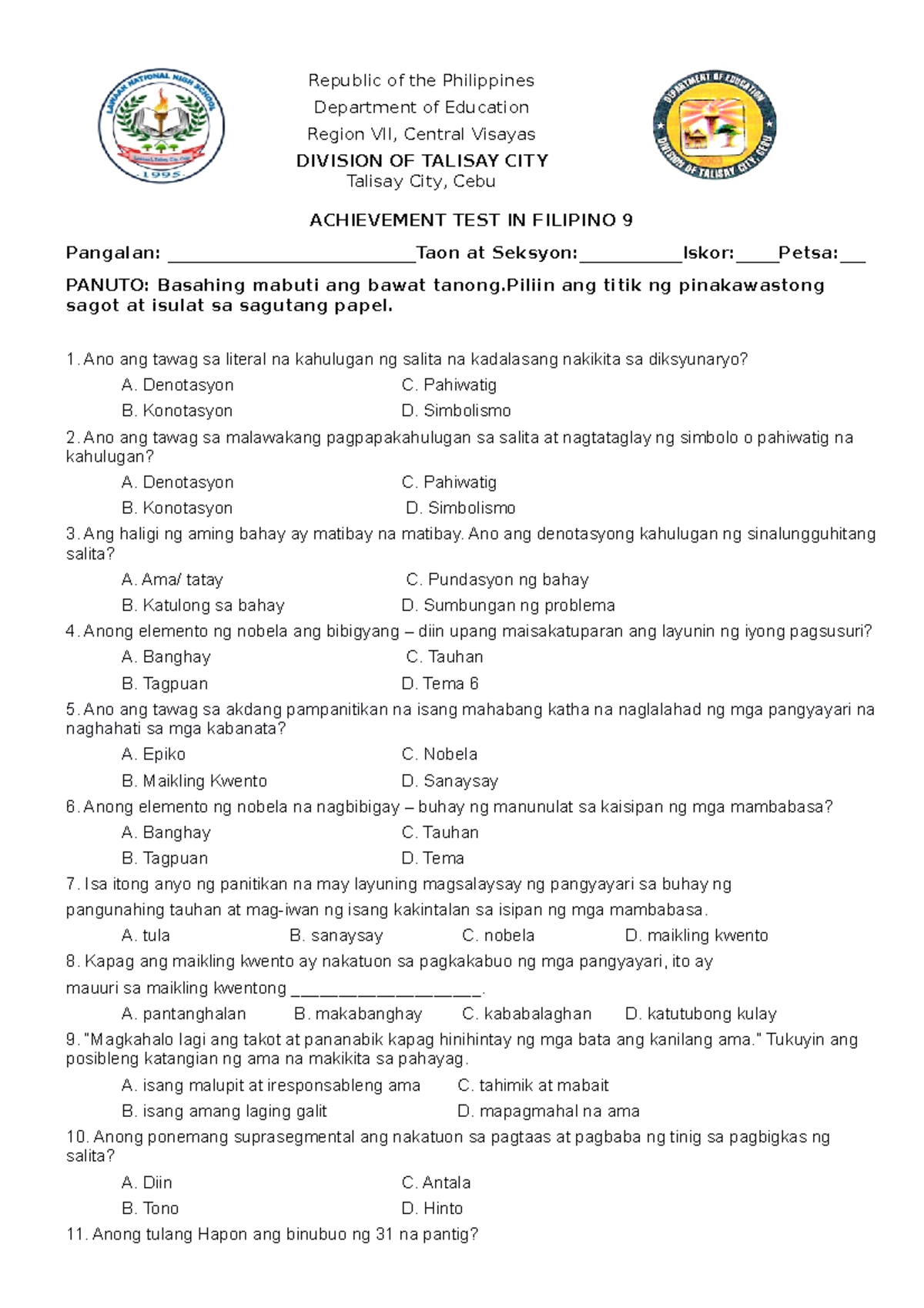 Achievement TEST IN Filipino 9 - Republic of the Philippines Department ...