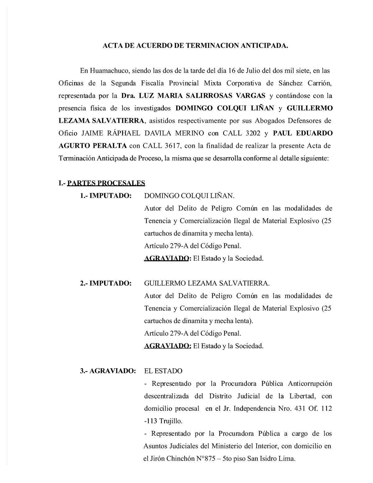 Acta De Acuerdo De Terminacion Anticipada