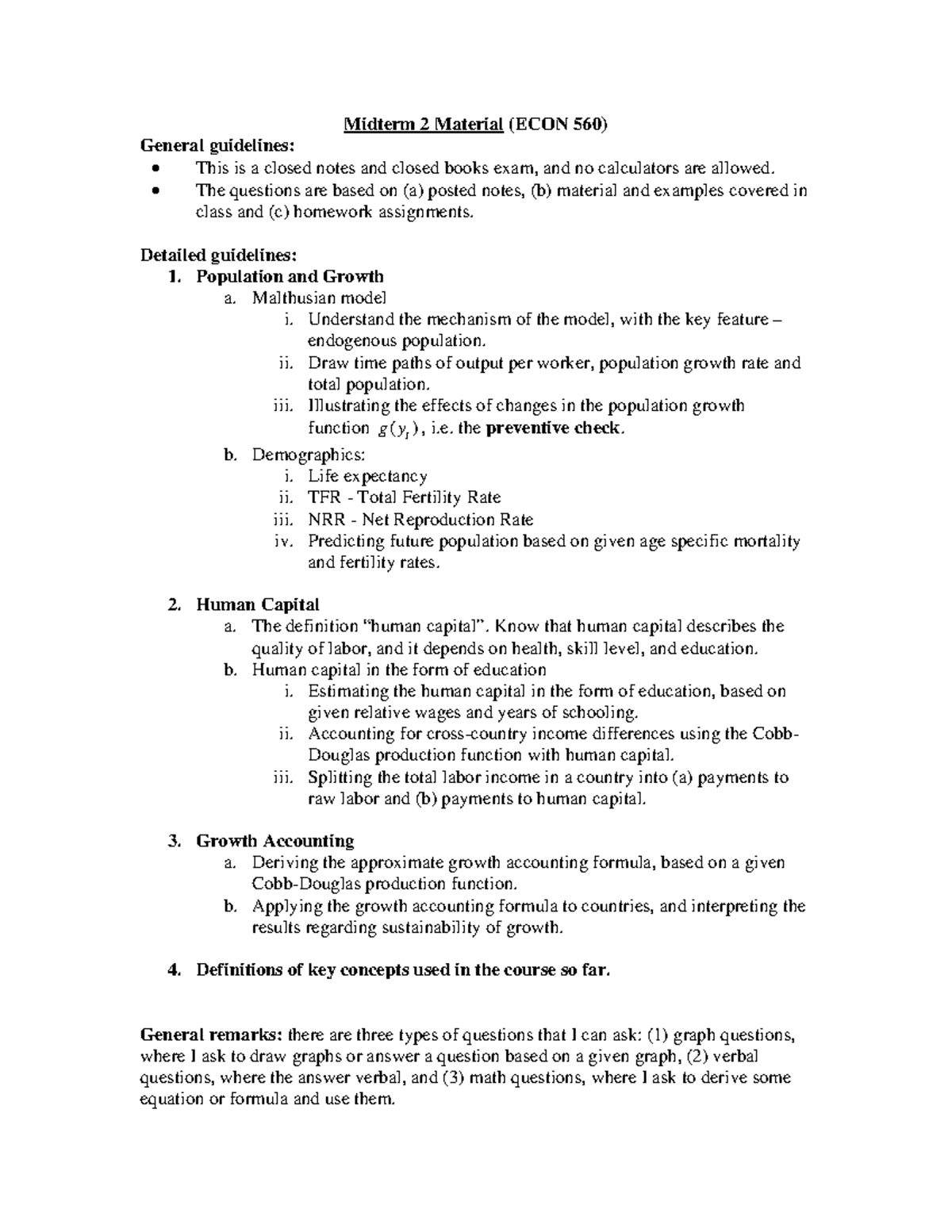 Midterm 2 Material Growth spring 2014 - Midterm 2 Material (ECON 560 ...