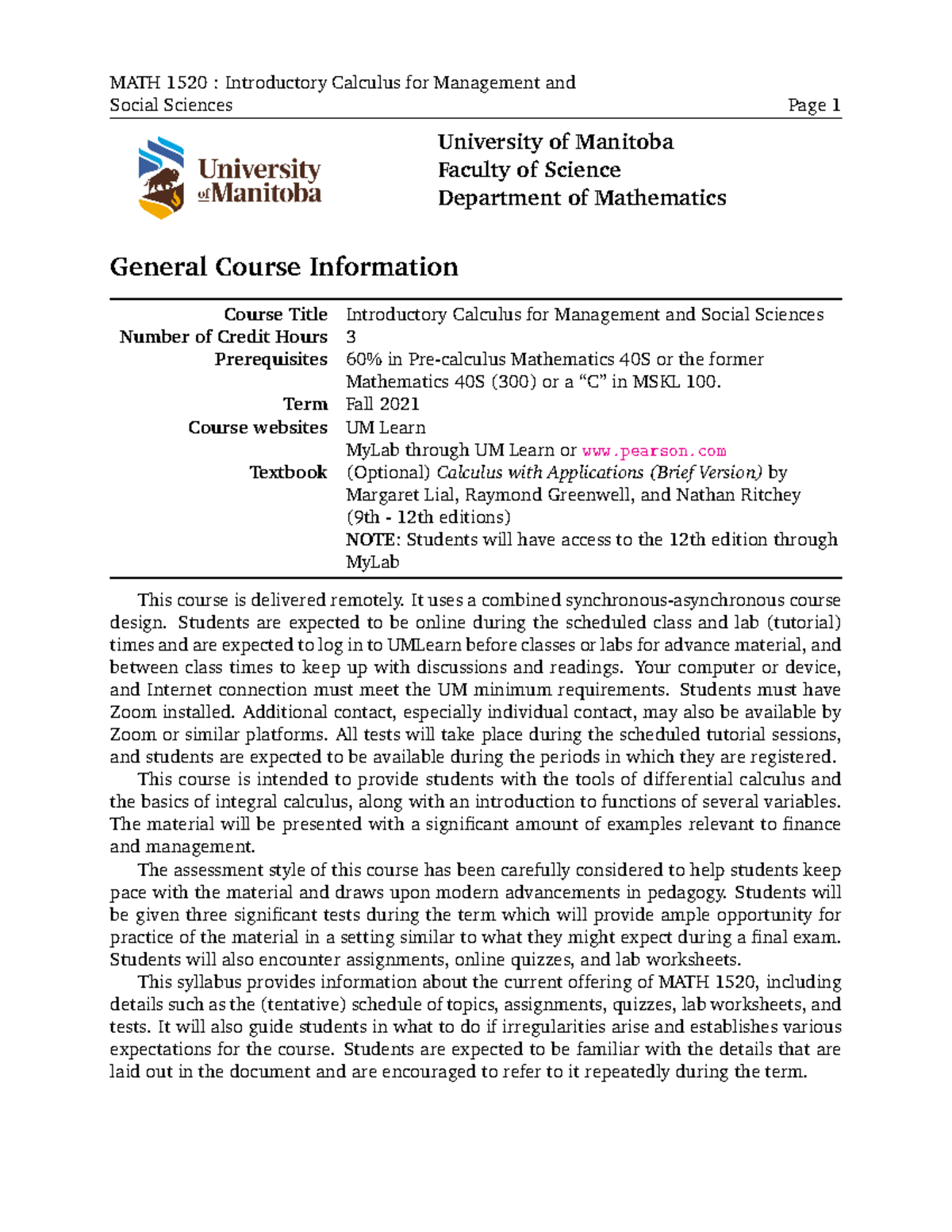 Math 1520 Course syllabus F2021 for people who wanted to take math 1520 ...