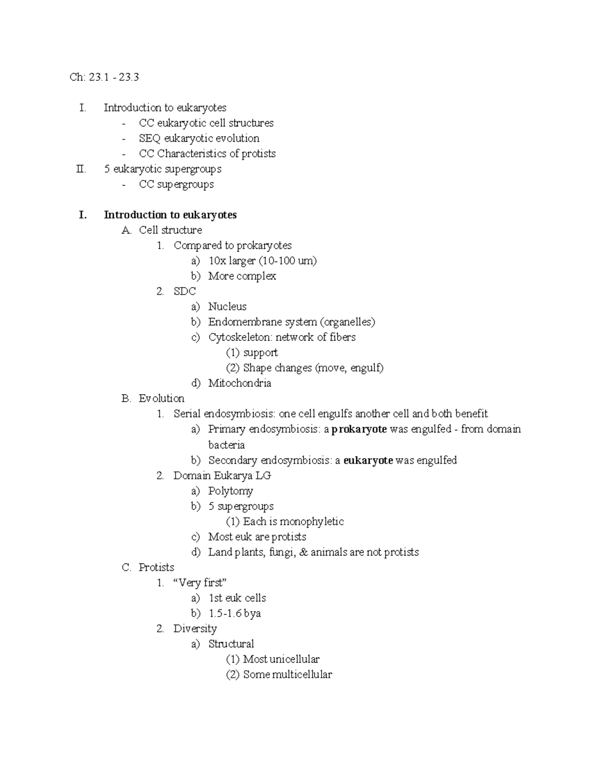 Protists lecture notes - Ch: 23 - 23. I. Introduction to eukaryotes ...