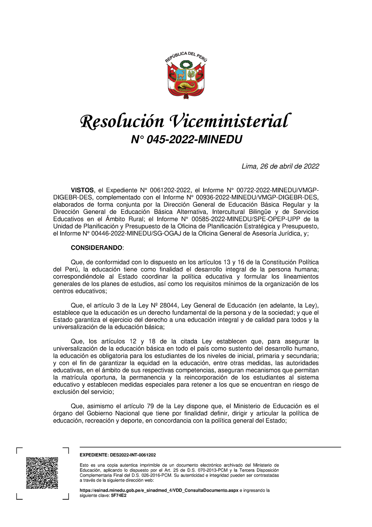 RVM N° 045-2022- Minedu.pdf Refuerzo Escolar - EXPEDIENTE: DES2022-INT ...