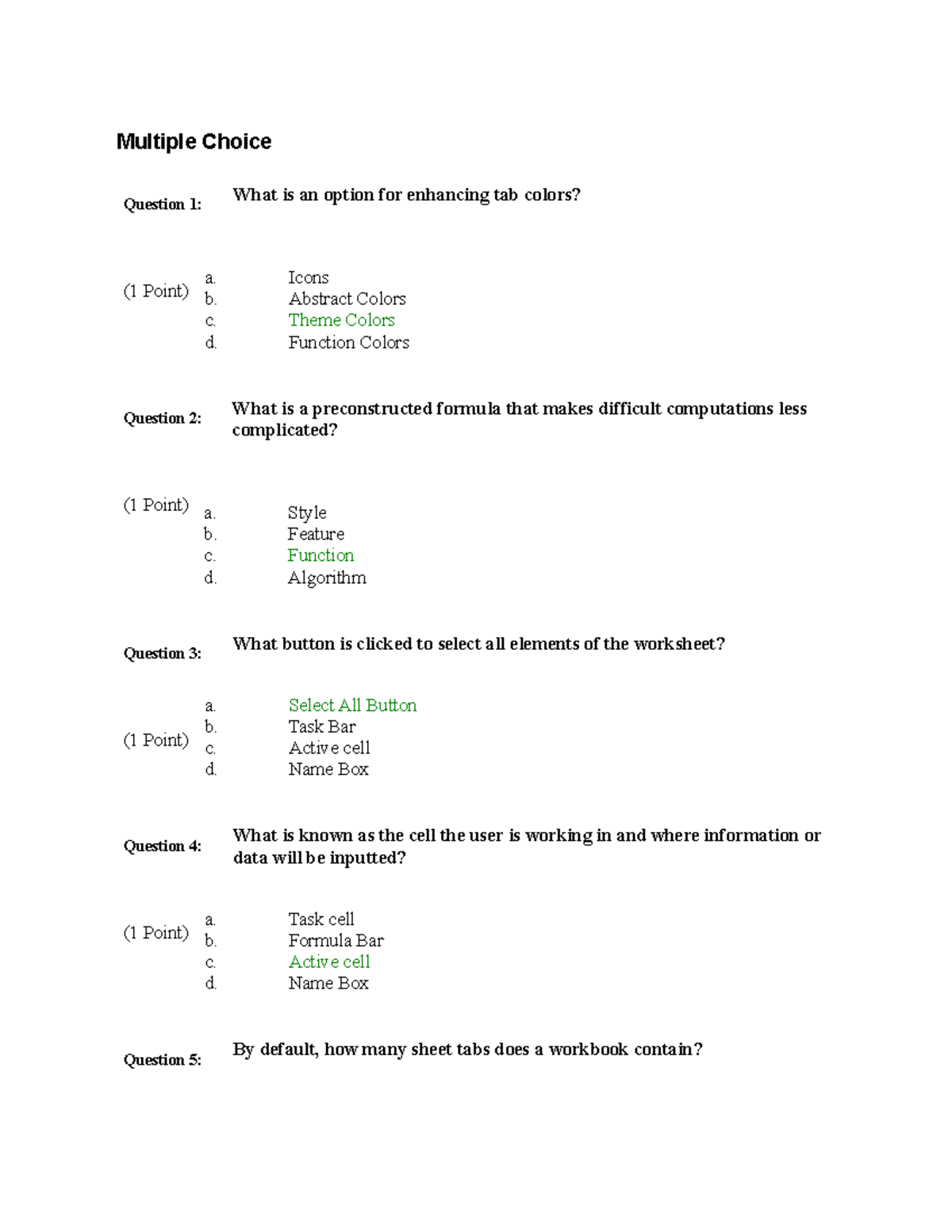 Exam 2015, questions and answers - excel test - Multiple Choice ...