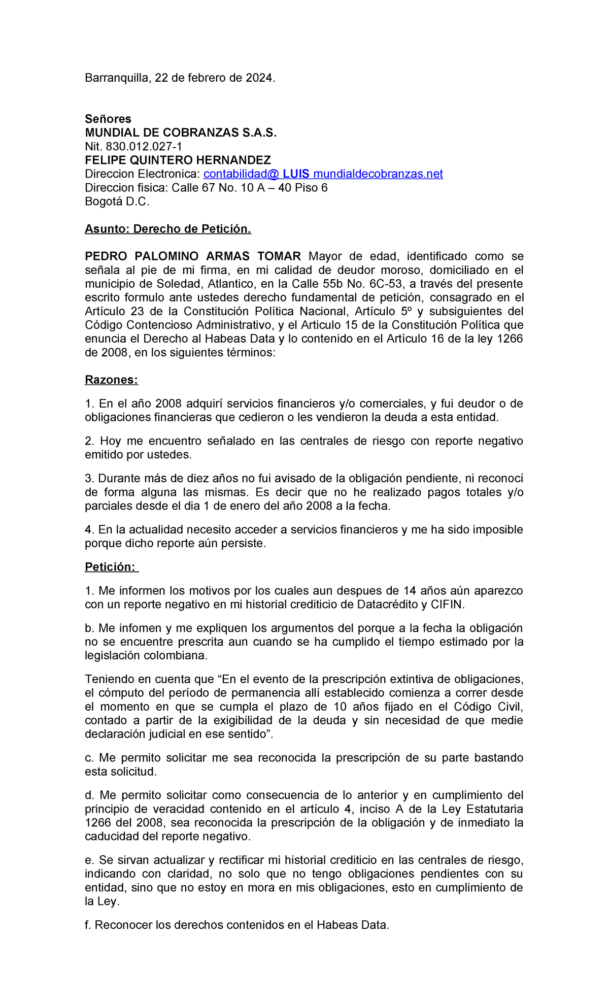 Solicitud Eliminación DE Reporte Negativo A LAS Centrales DE Riesgo ...