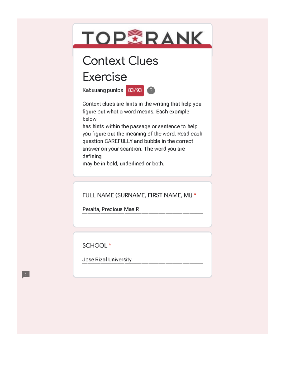 Context Clues Exercise - Peralta, Precious Mae P. Jose Rizal University ...