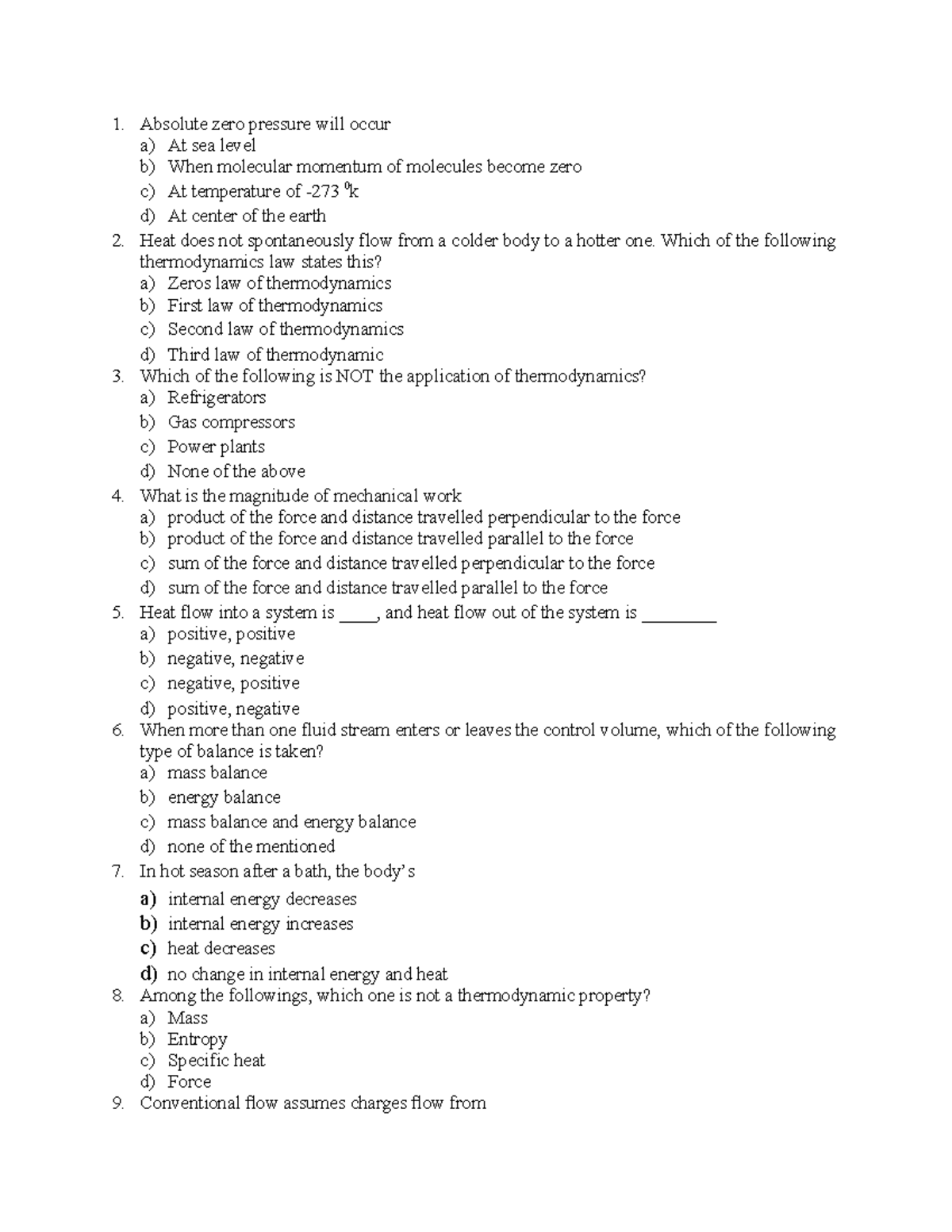 EXIT EXAM Question TRY 1. Absolute zero pressure will occur a) At