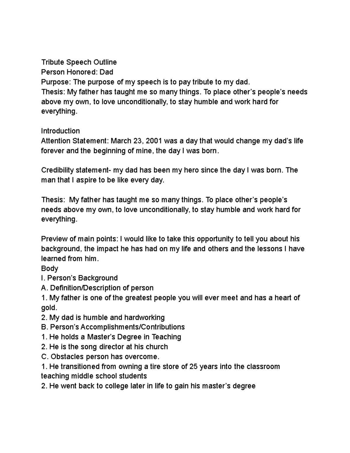 Tribute speech outline Tribute Speech Outline Person Honored Dad