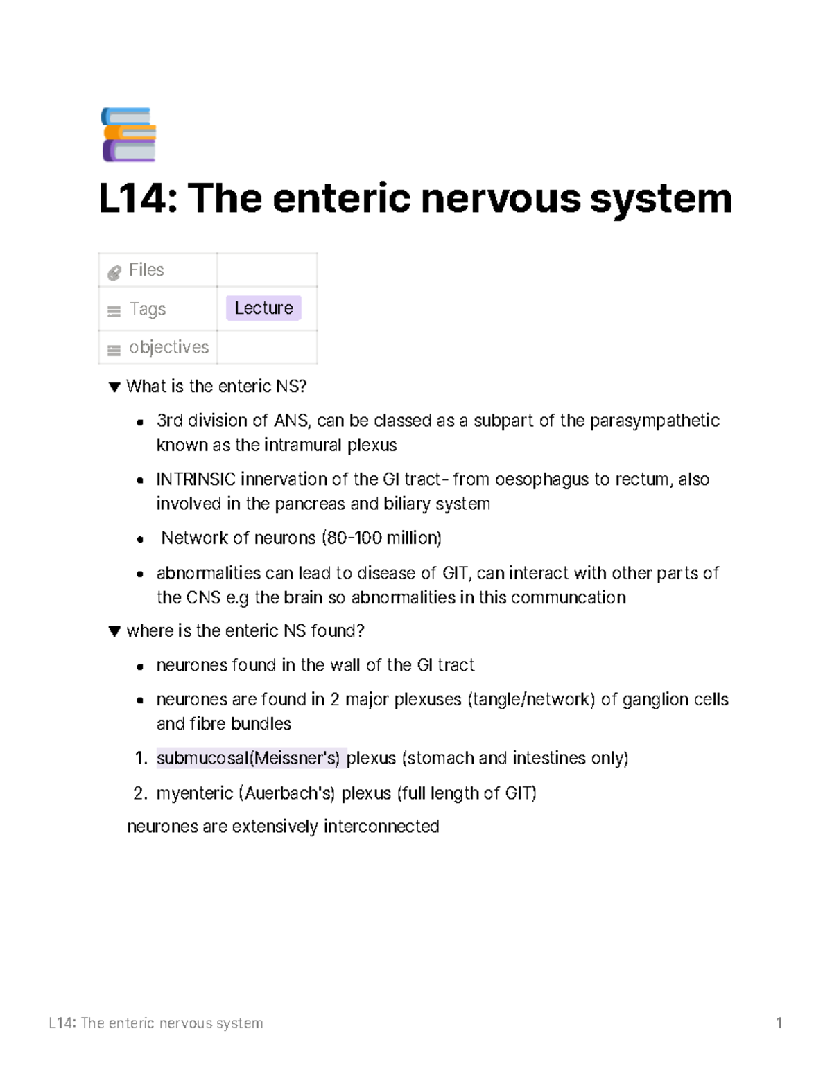 L14 The Enteric Nervous System L14 The Enteric Nervous System