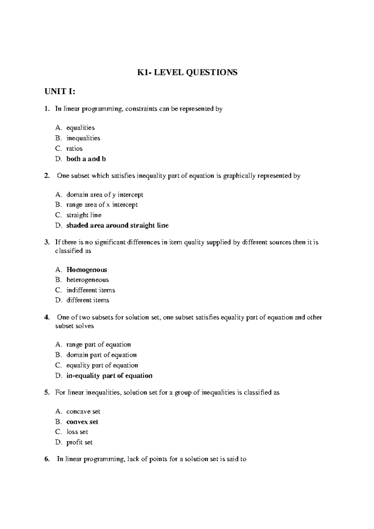 B - Operation Research - K1- LEVEL QUESTIONS UNIT I: 1. In Linear ...