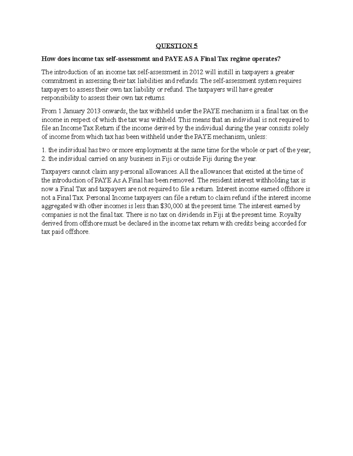 Q5 tax Assignment 3 taxation Fiji class discussion for students