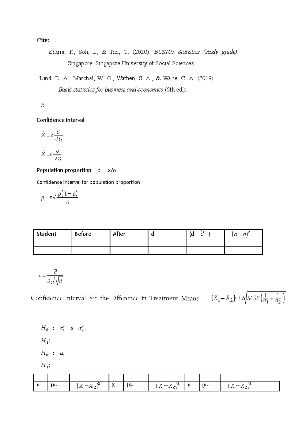 BUS105 Formulas - to paste on word doc - Cite: Zheng, F., Soh, I ...