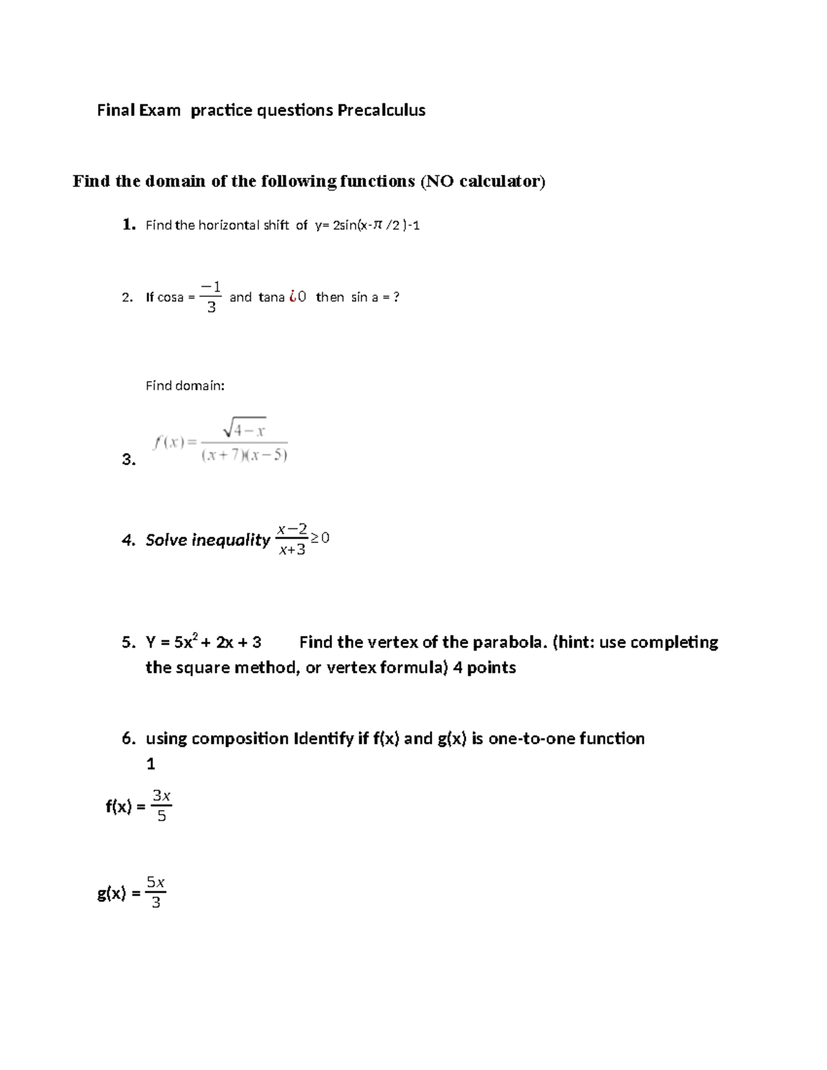 Final review Fall 2020 precalc Final Exam practice questions