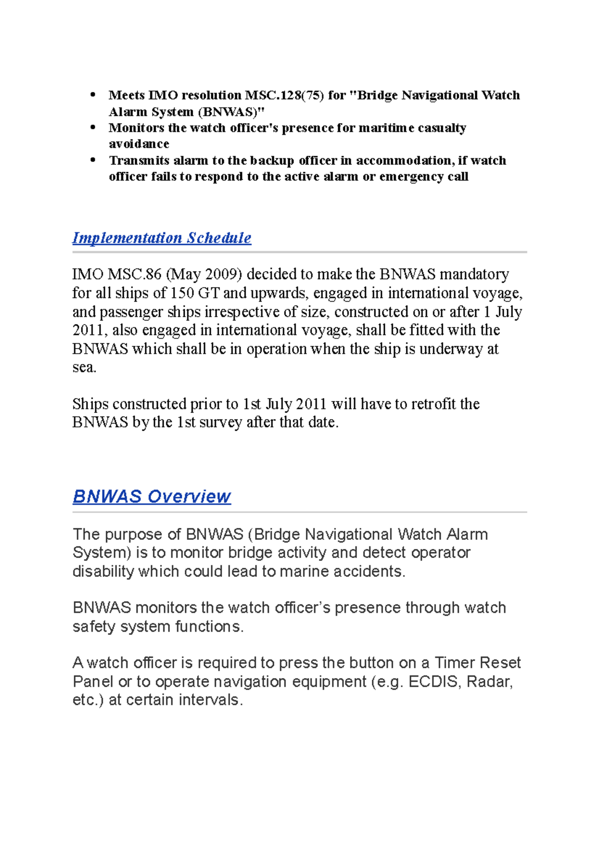 Bnwas - Meets IMO resolution MSC(75) for 