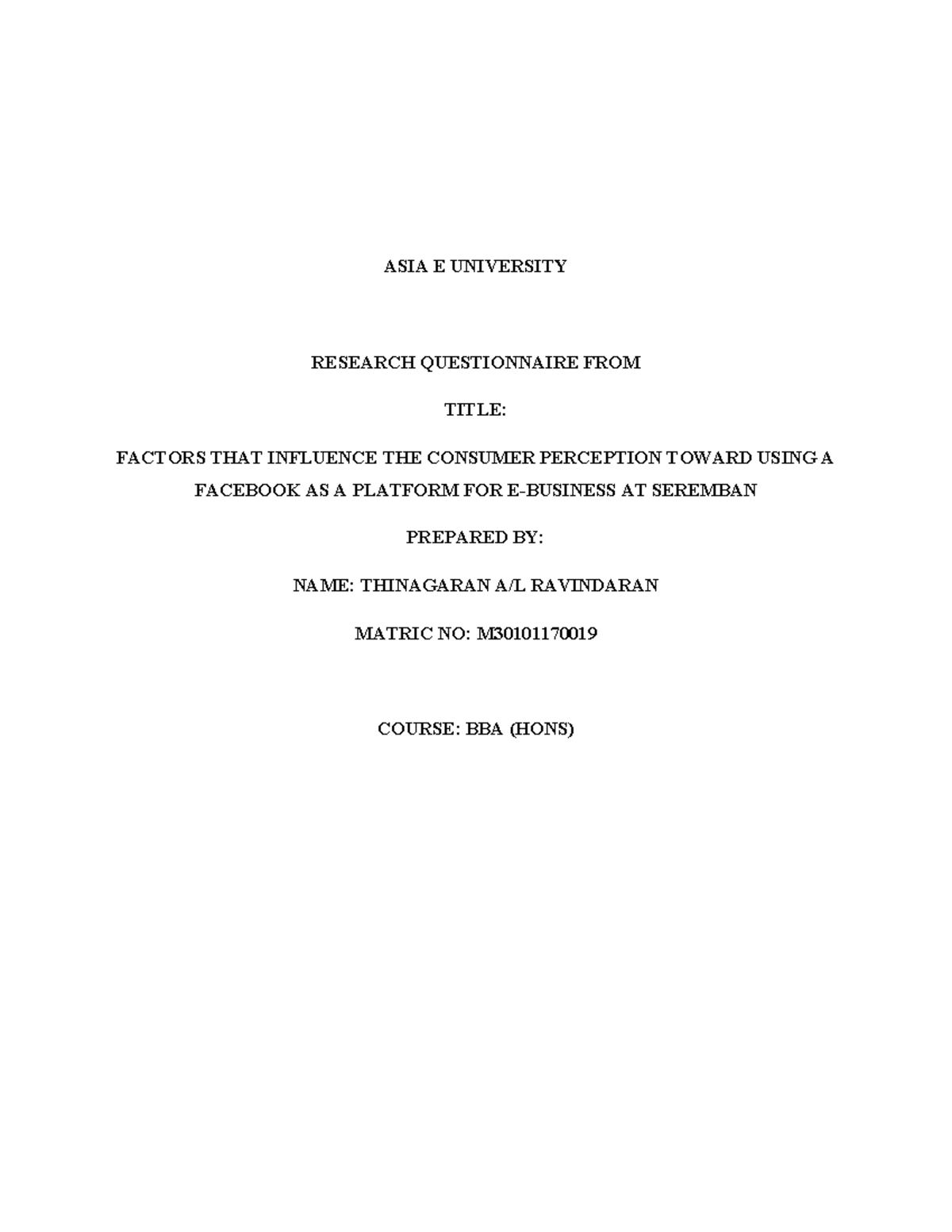Questionnaire - ASIA E UNIVERSITY RESEARCH QUESTIONNAIRE FROM TITLE ...