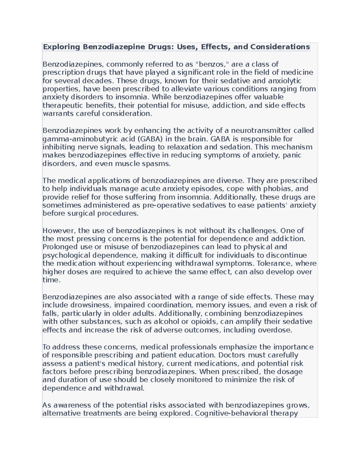 5 - Just an essay - Exploring Benzodiazepine Drugs: Uses, Effects, and ...