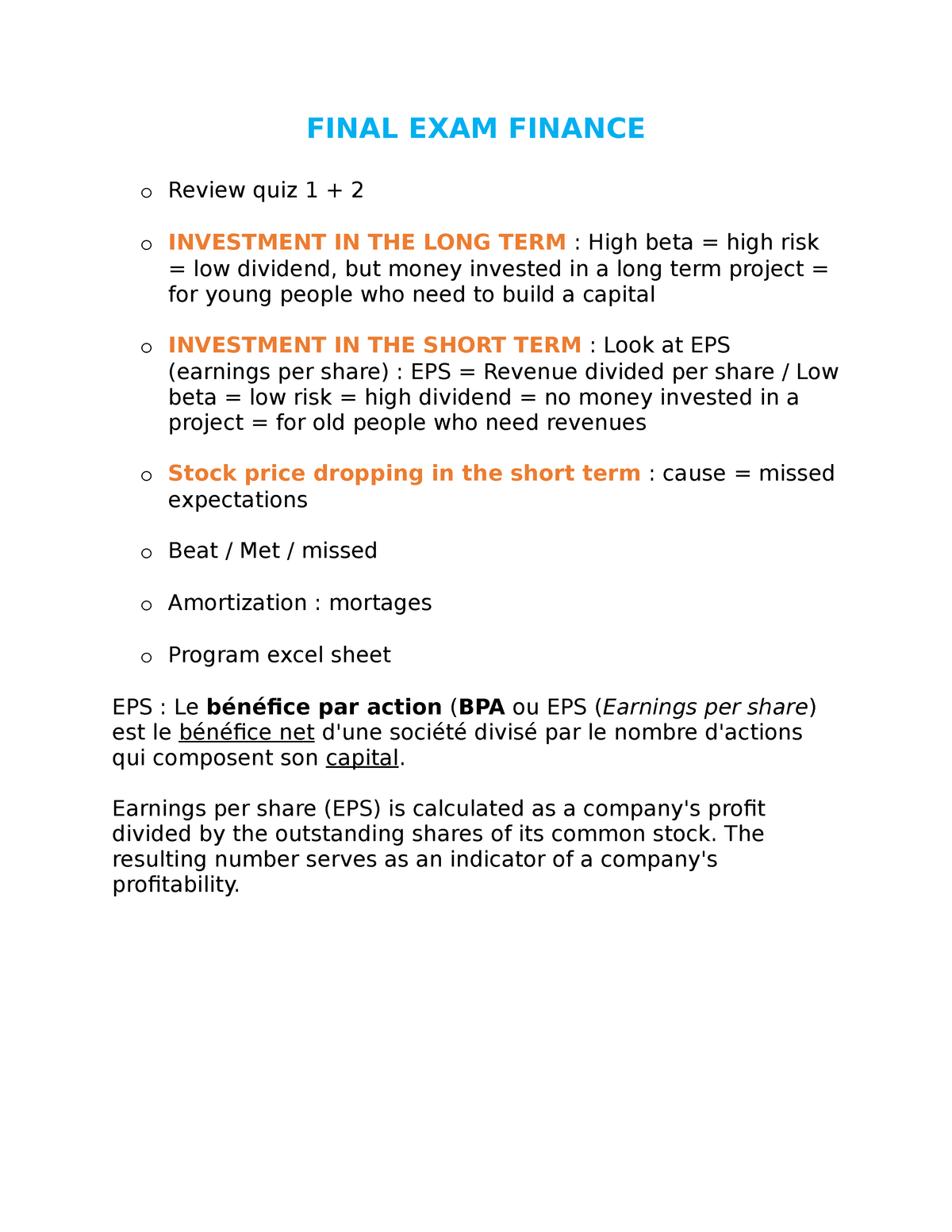 Final EXAM Finance - FINAL EXAM FINANCE O Review Quiz 1 + 2 O ...