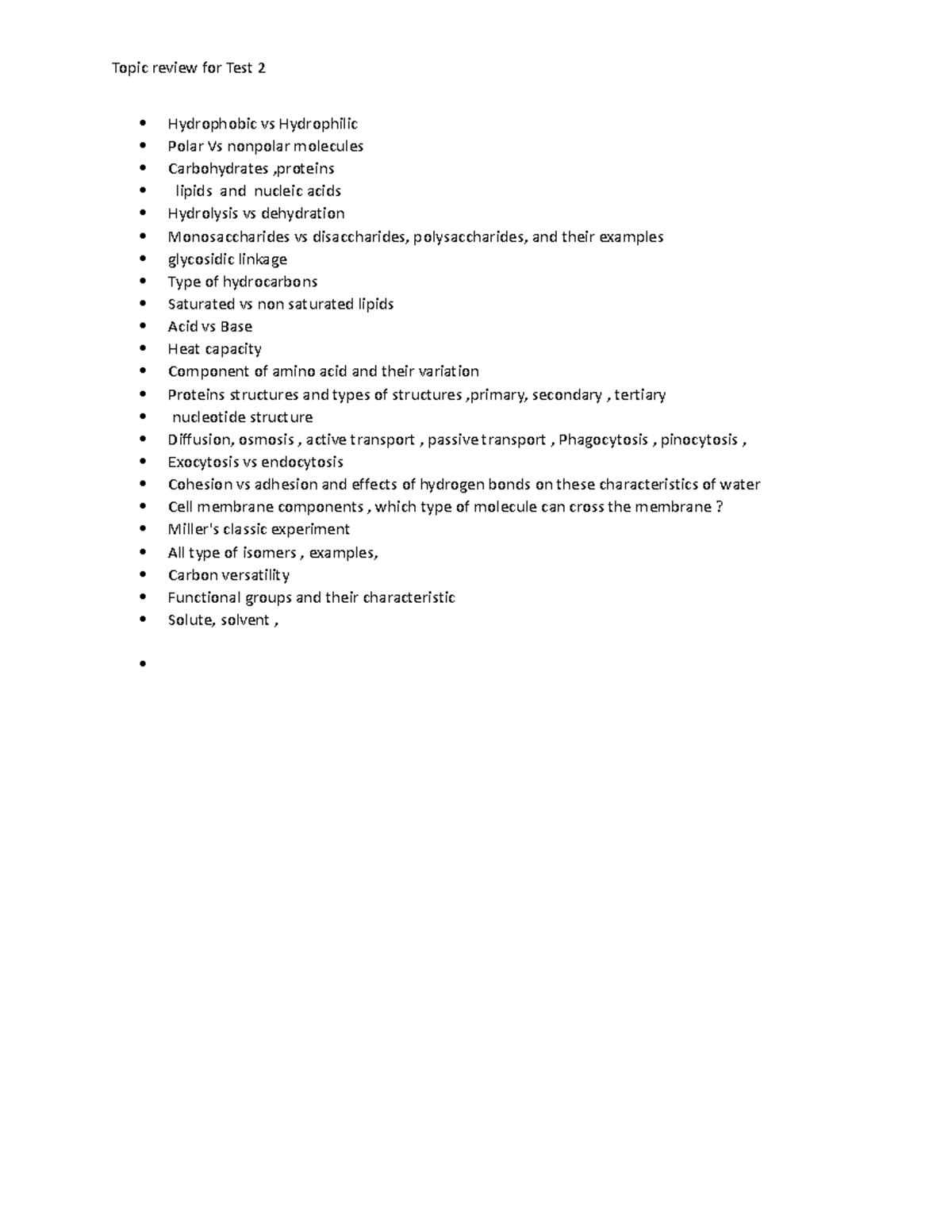 1406 test 2 topic review - Topic review for Test 2 Hydrophobic vs ...