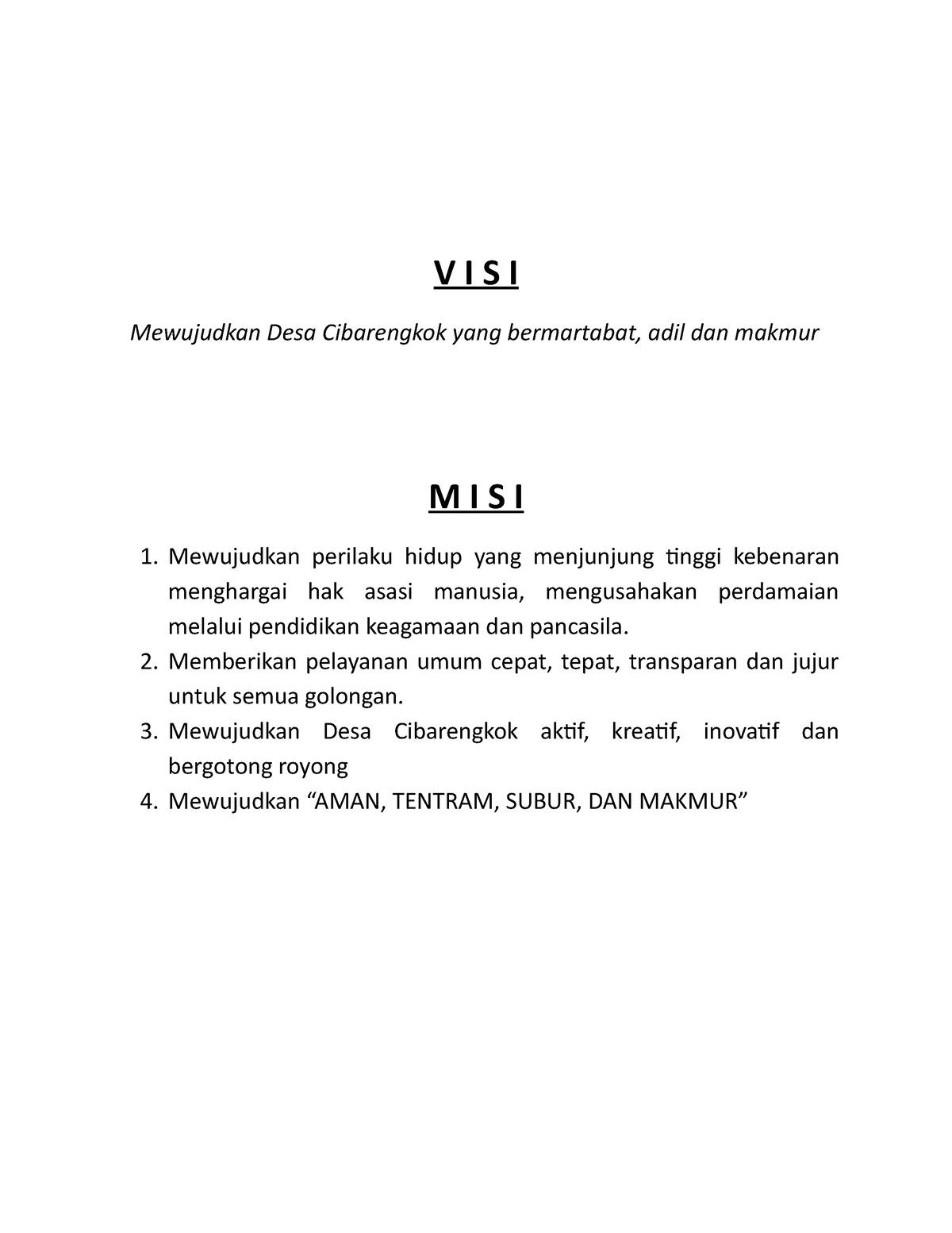 Visi Misi Desa Cibarengkok - V I S I Mewujudkan Desa Cibarengkok Yang ...