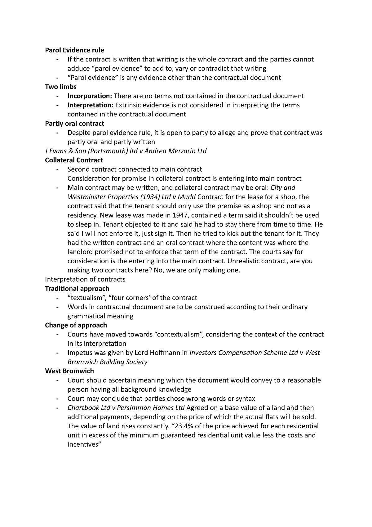 First lecture on terms of a contract - Parol Evidence rule - If the ...