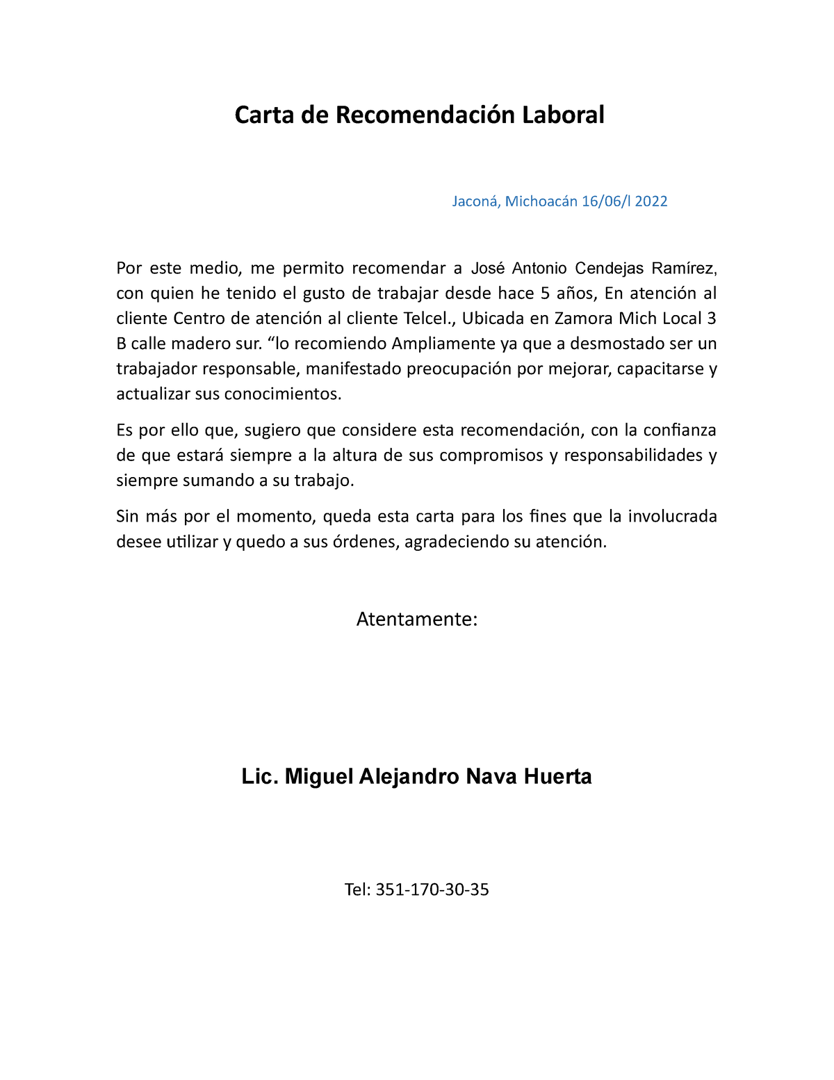 Carta De Recomendación Laboral Carta De Recomendación Laboral Jaconá Michoacán 1606l 2022 4352