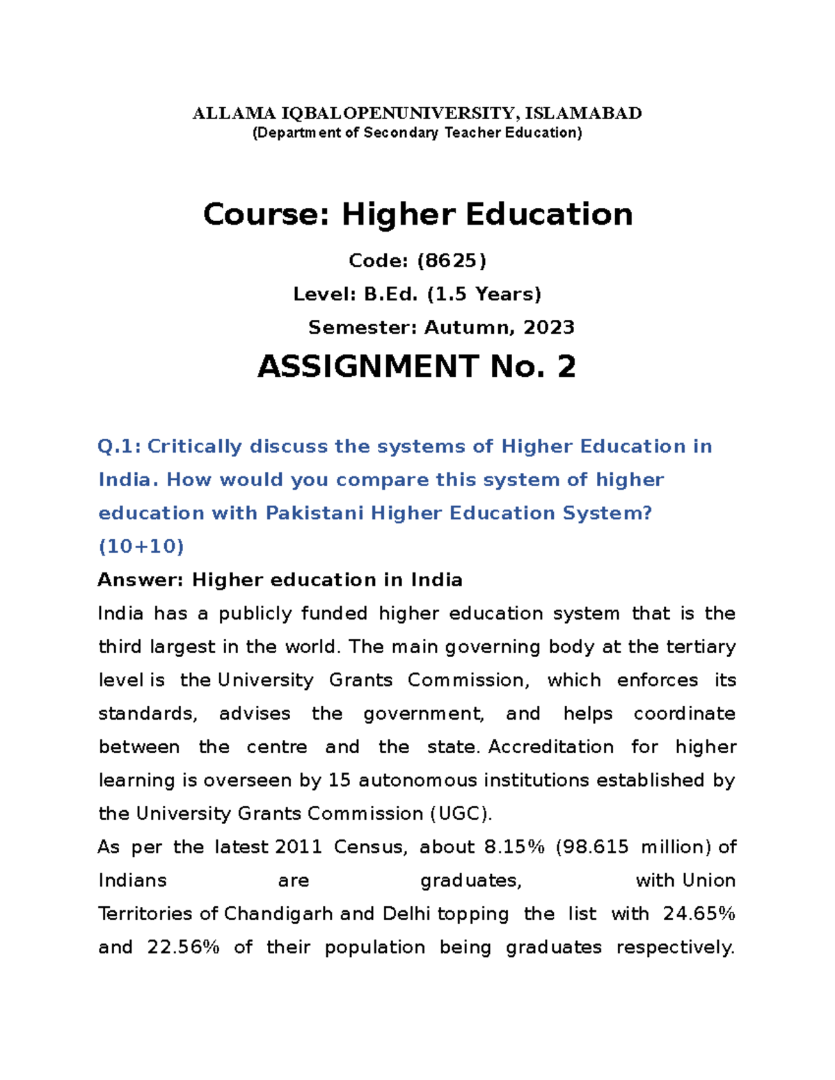 8625 2 assignment complete - ALLAMA IQBALOPENUNIVERSITY, ISLAMABAD ...