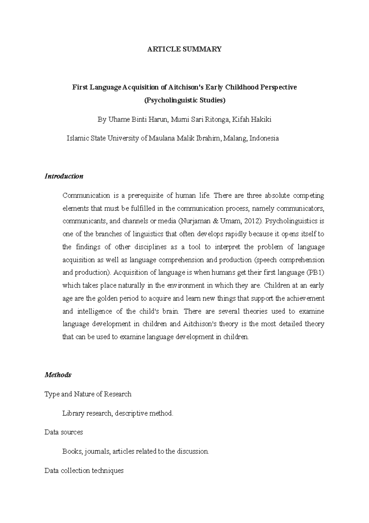 First Language Acquisition of Aitchisons Early Childhood Perspective ...