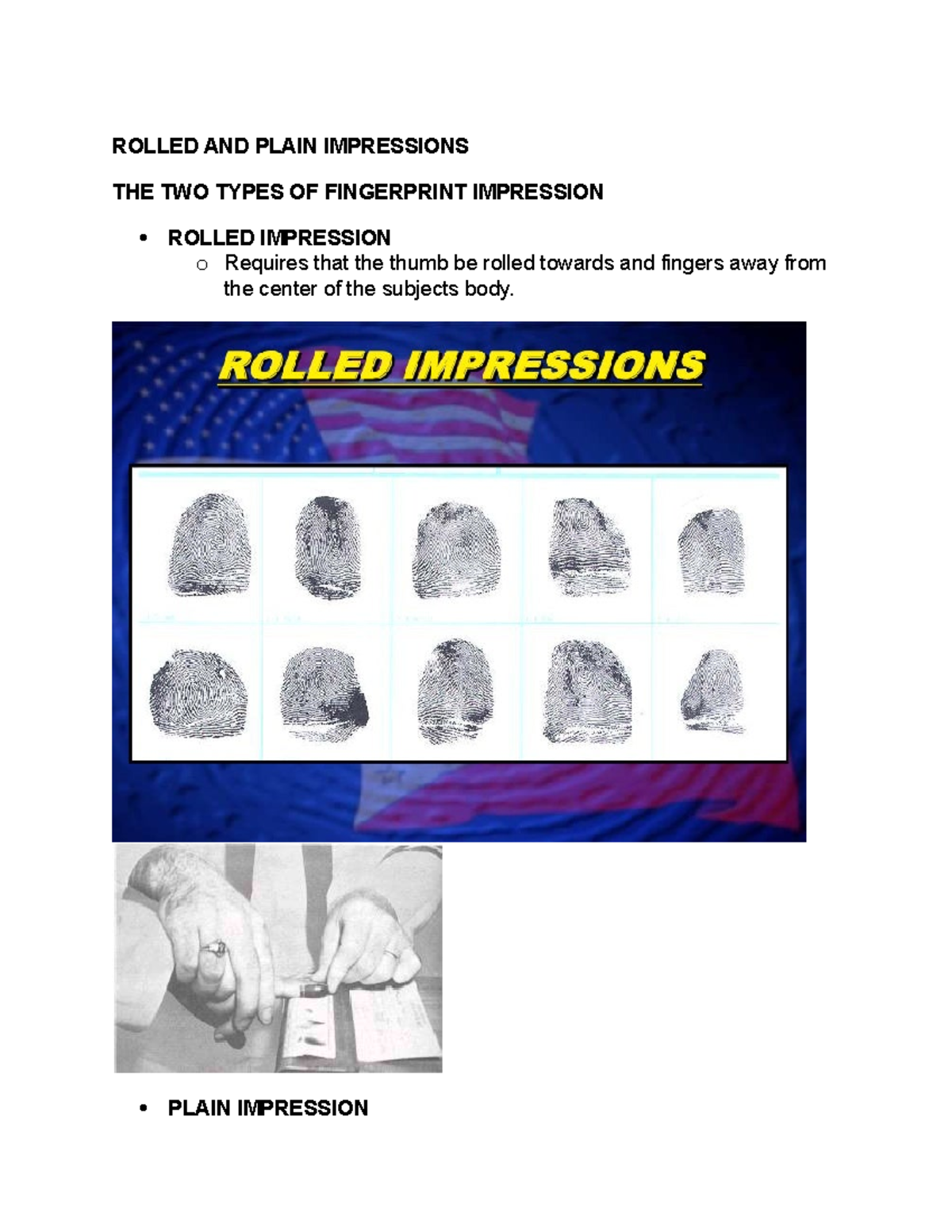 Forsci 2 week 9 lecture note ROLLED AND PLAIN IMPRESSIONS THE TWO