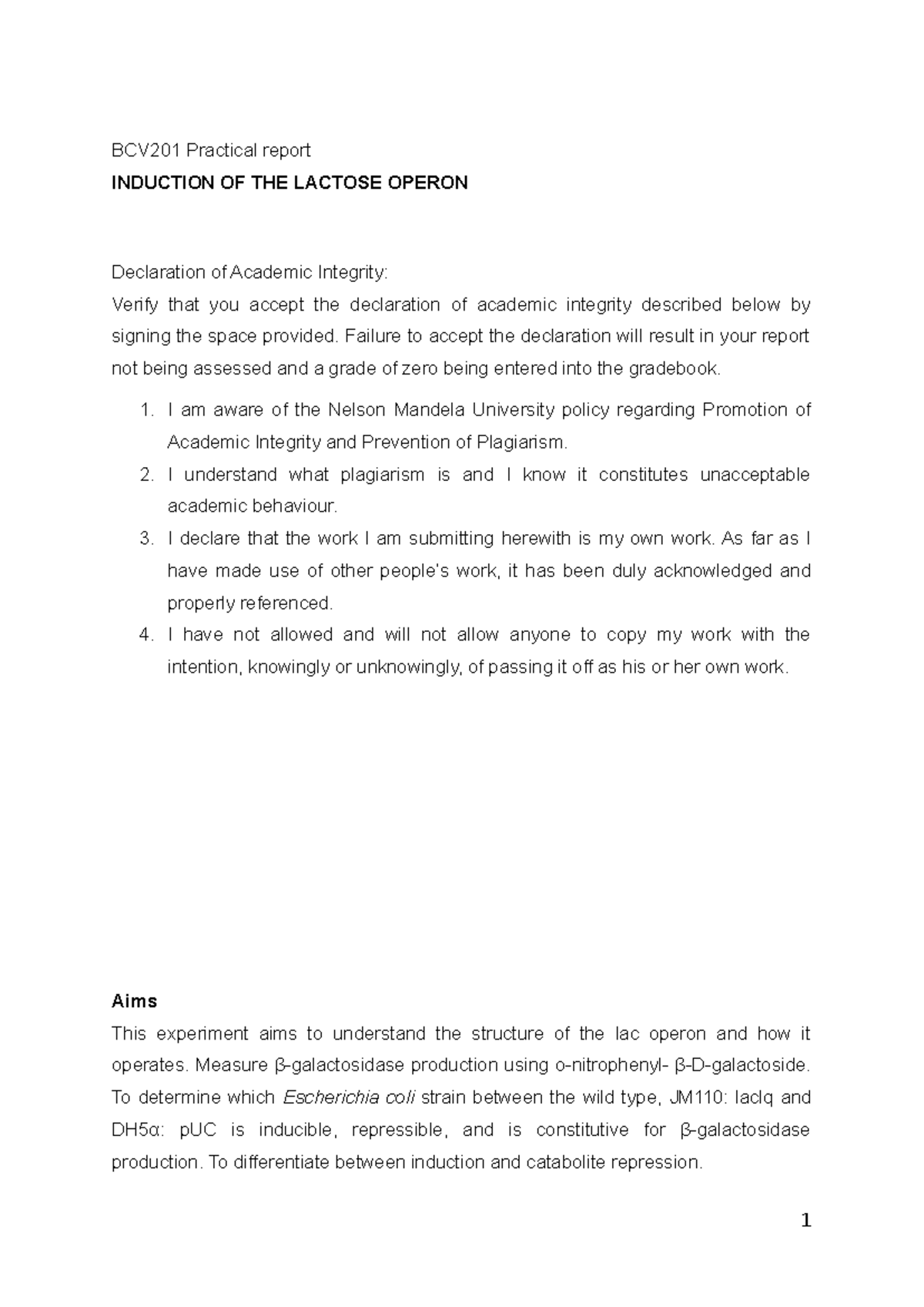 Lactose operon - BCV201 Practical report INDUCTION OF THE LACTOSE ...