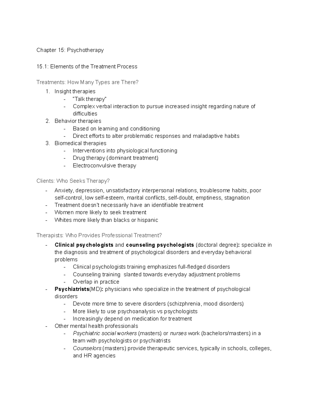 Chapter 15 Psychotherapy - Chapter 15: Psychotherapy 15: Elements Of ...