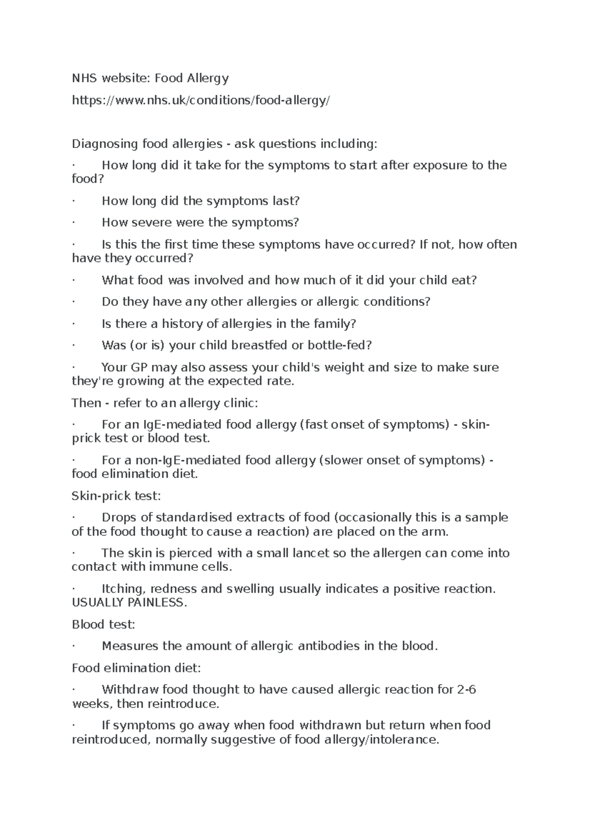 Food allergy notes Summary of said topic NHS website Food Allergy